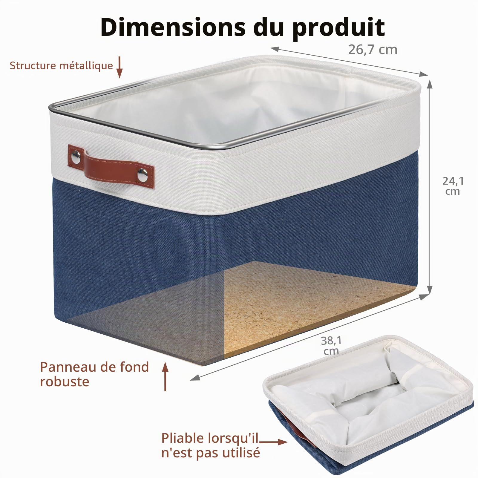 Univivi Lot de 4 paniers de rangement rectangulaires en tissu pour étagères, paniers pliables pour le rangement avec fond rigide, boîtes de rangement pour étagères, jouets, bureau,Bleu marine