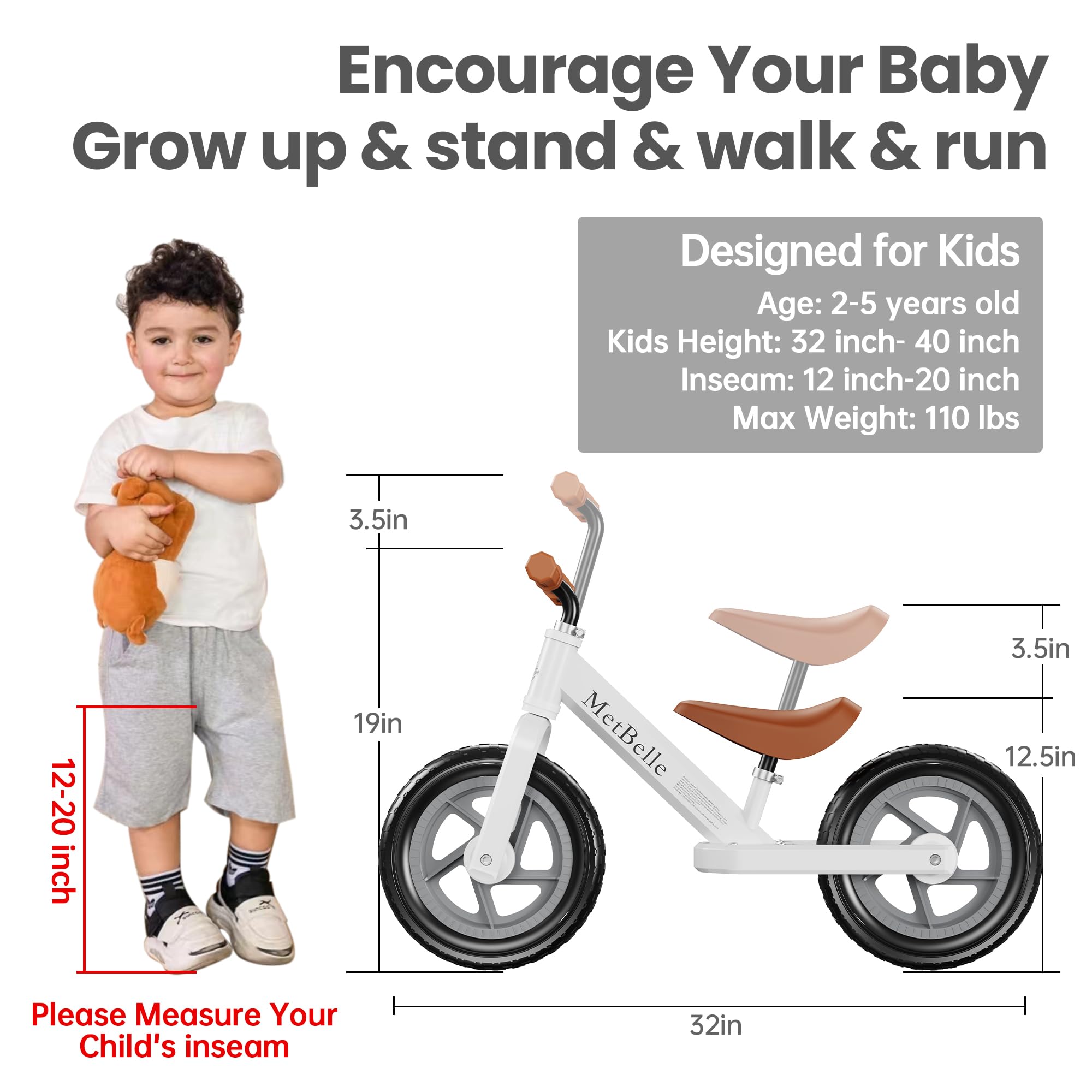 MetBelle Toddler Balance Bike 2 Year Old,12”No Pedal Kids Indoor Outdoor Toy Bike 2-5 Years Old with Tool-Free Adjustments Seat, Lightweight First Bike Gift for 2-3 Boys Girls