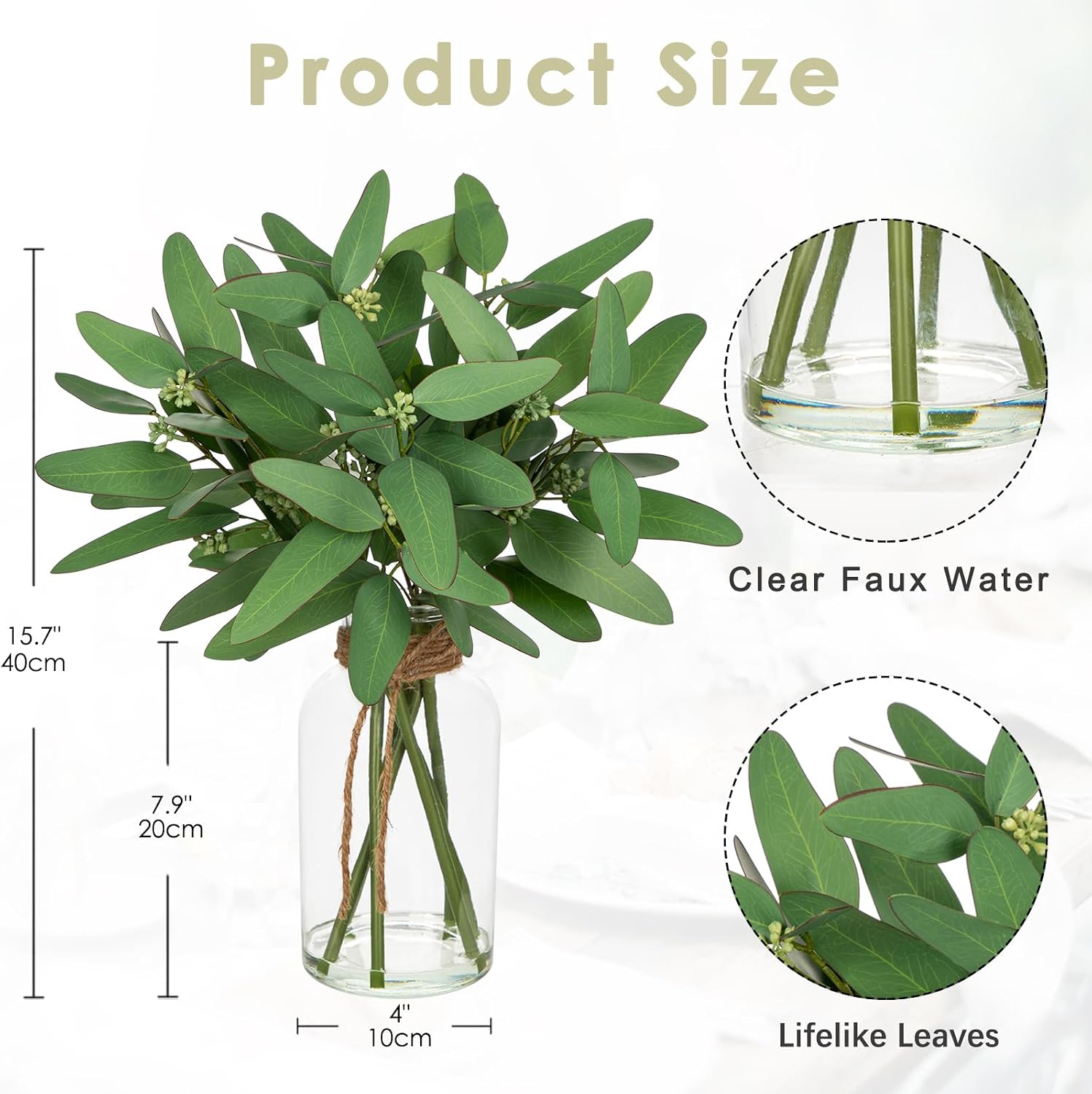Fake Real-Touch Eucalyptus in Glass Vase with Faux Water – Realistic Faux Greenery Decor, 15.7" Tall, Artificial Eucalyptus Arrangement for Home, Farmhouse, Kitchen, Bathroom, Office