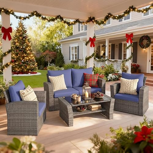 Wisteria Lane Juego de muebles de patio de 4 piezas, juego de muebles de mimbre para conversación de patio al aire libre, sofá de patio al aire