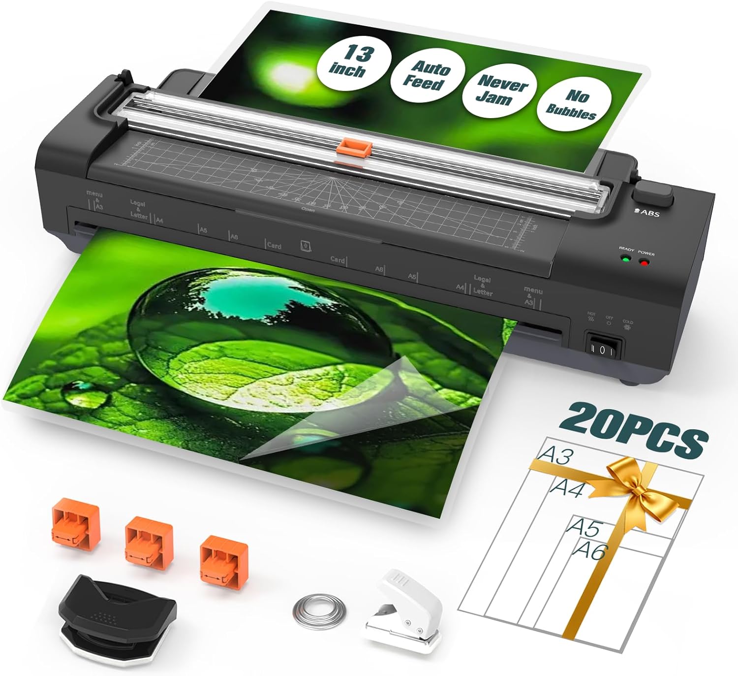 Laminator Machine with Auto Paper Feed, Never Jam A3 Thermal & Cold Lamination, 20 Laminating Sheets, 10-in-1 Laminator with Cutter, Trimmer & Corner Rounder for Office School Home Use Black