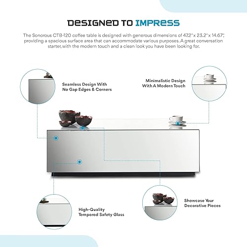 Miniatura 4 de SONOROUS Mesa de café Premium de vidrio templado - Modernas mesas de centro rectangulares con espejo para sala de estar - Diseño de mediados de