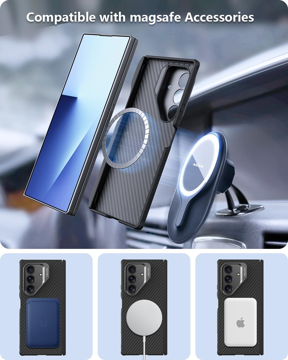 Nillkin Slim Aramid Fiber Case for Samsung Galaxy Z Fold 7, [Compatible with MagSafe] [Hinge Protection] [Adjustable Stand] [Lens Protection], Protective Magnetic Phone Cover for Z Fold 7, Black