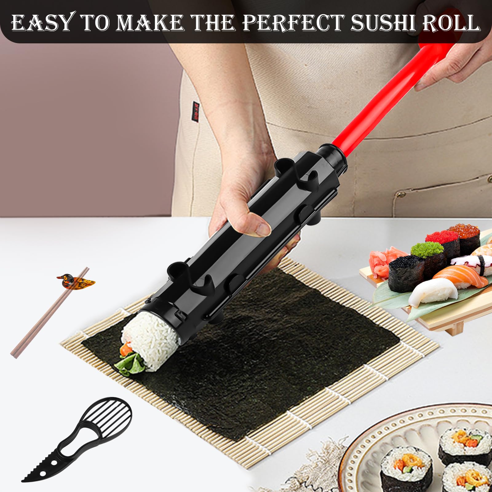 Kit Sushi Set, Sushi Bazooka Set Set Stampi Per Susshi Kit, Maker Bazooka con Coltello, Bacchetta di Riposo e Cucchiaio da Riso