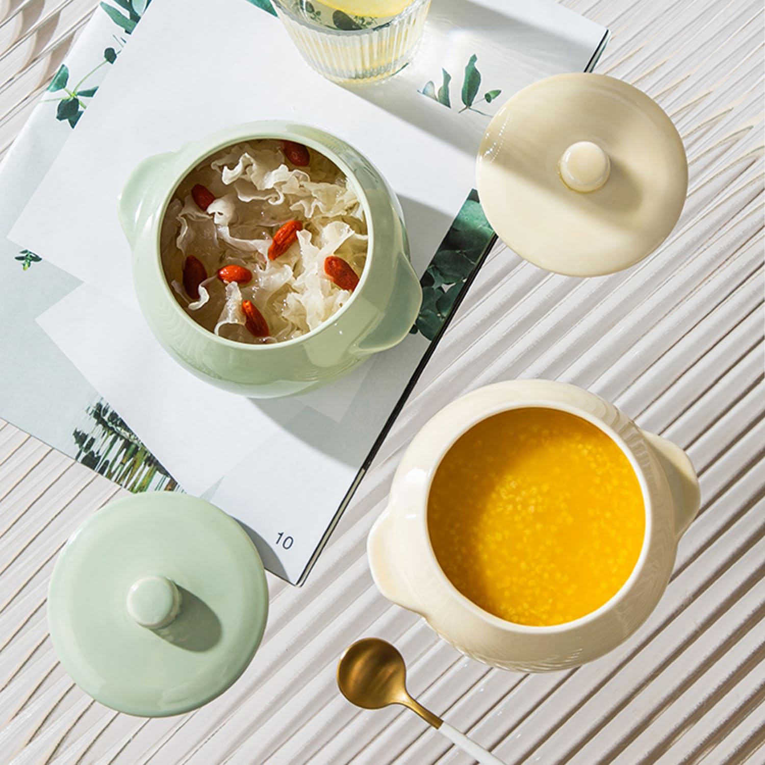 Cuenco pequeño con tapa, 450 ml, apto para horno, microondas, taza de sopa (verde mate)