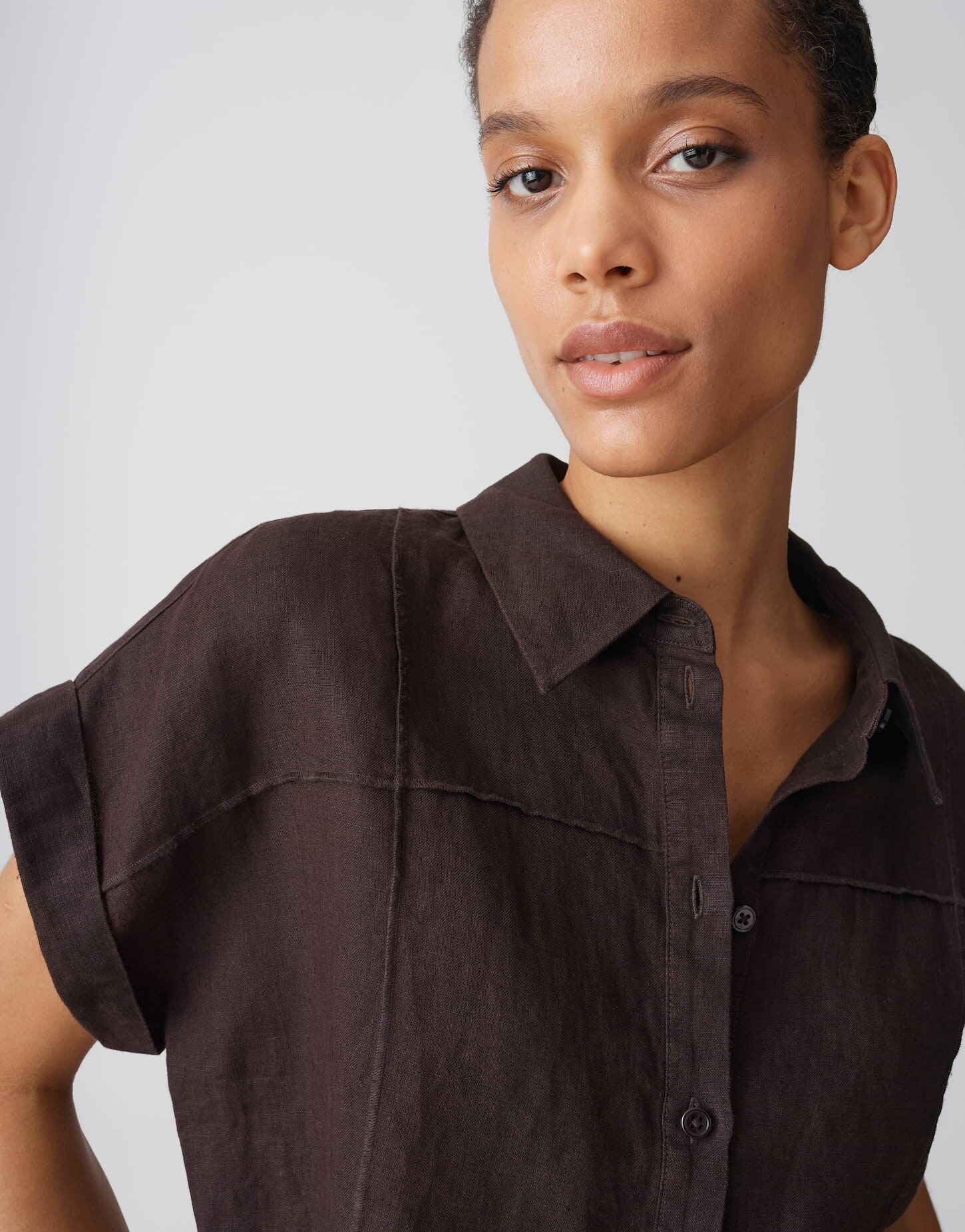 OPUS Damen Kurzarmbluse | Leinenbluse mit dreidimensionalen Karo Regular Fit