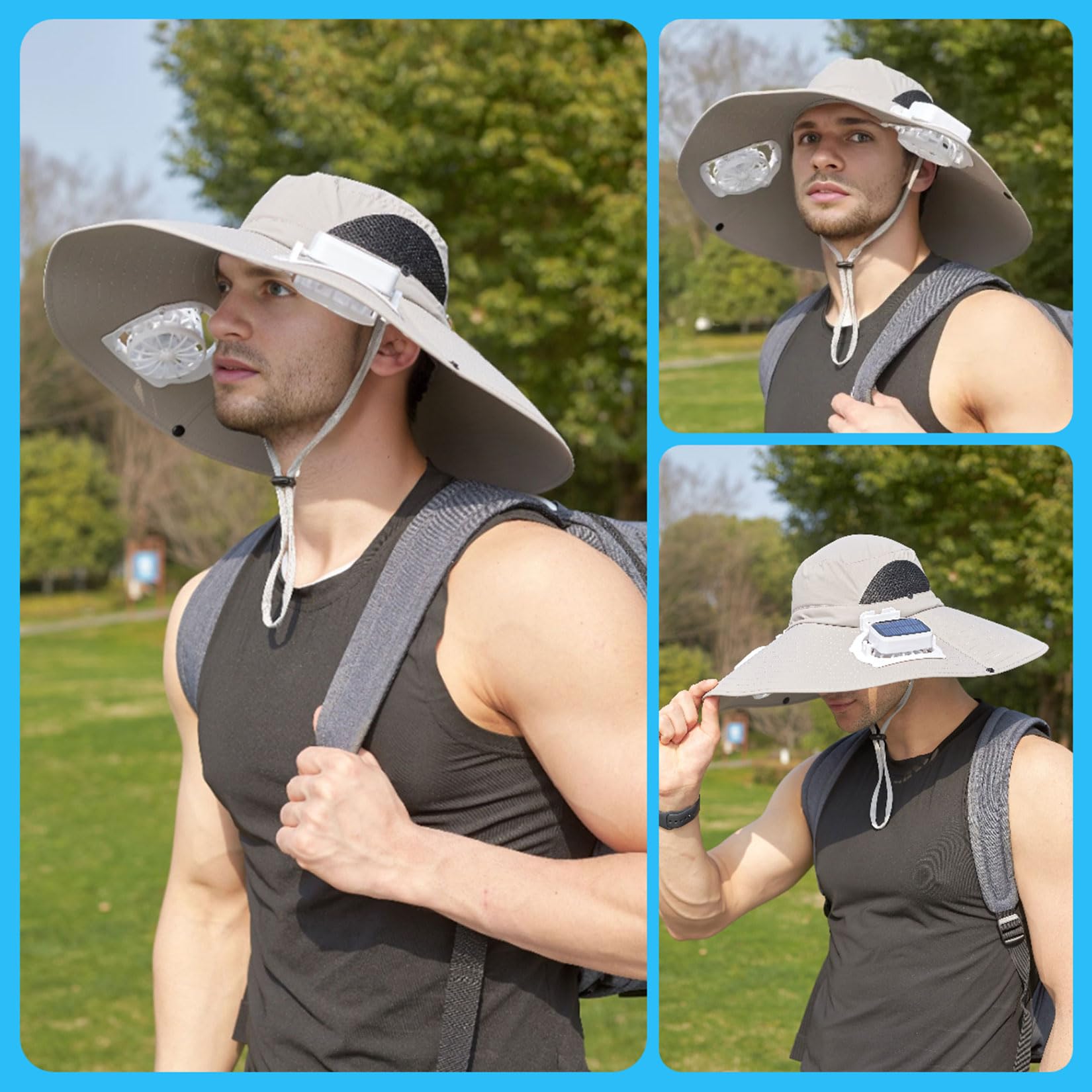 Cappello da pesca da uomo con 2 ventilatori solari Cappello da pescatore solare con protezione UV a tesa larga da 6" Cappelli a secchiello unisex per escursioni in spiaggia,Grigio,One Size