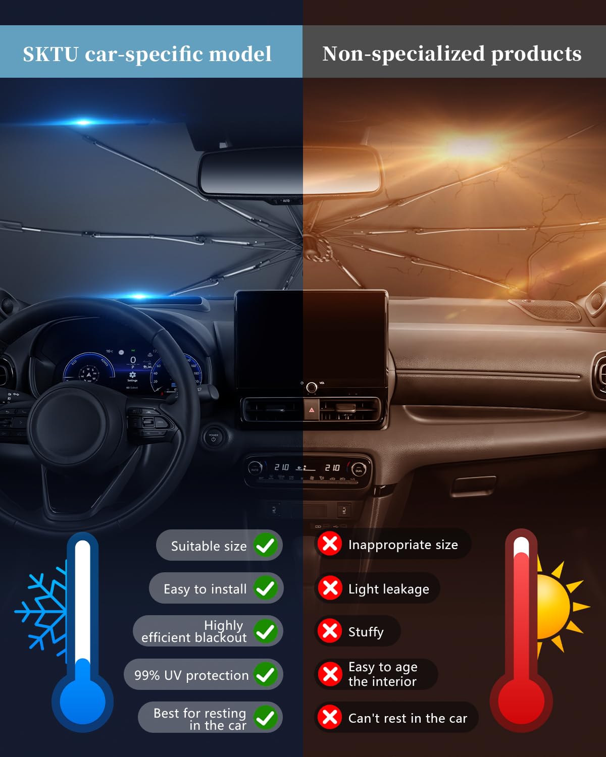 SKTU Parasole Parabrezza per Toyota Yaris Cross 2020-2025 2026 Cordino Design Pieghevole Parasole Protezione UV Protezione per Toyota Yaris Accessori Scheletro in fibra di carbonio
