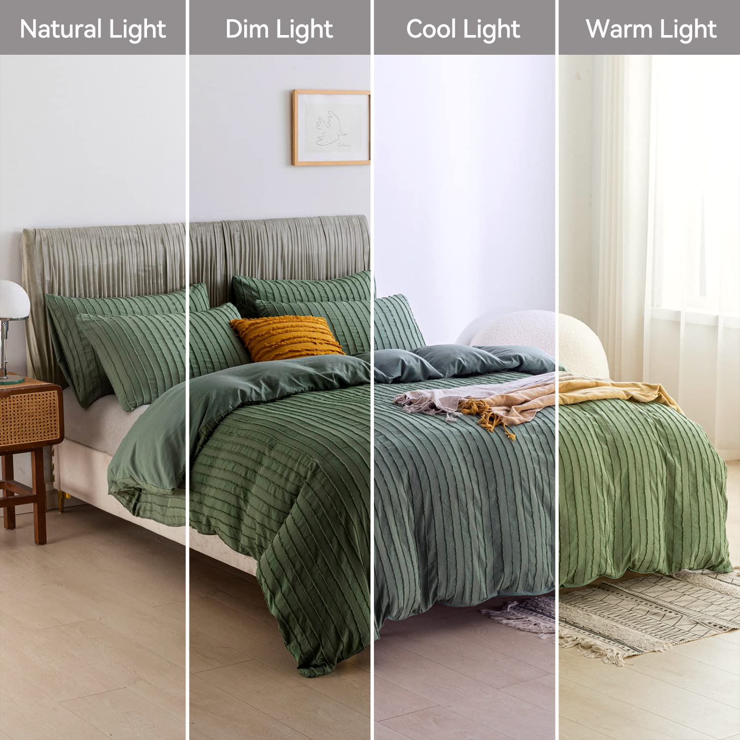 JELLYMONI Green Duvet Cover King Size - 3PCS Microfiber Tufted Duvet Cover Set, Boho Striped Tufted Textured Duvet Cover with Corner Ties & Zipper Closure