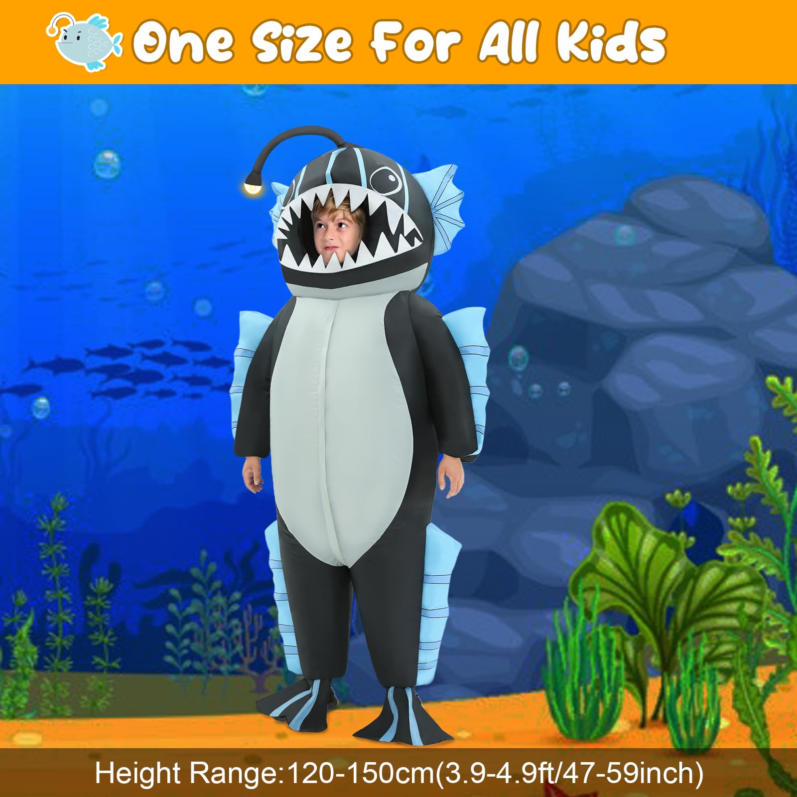 Disfraz inflable, disfraz inflable de pez pescador para niños, divertidos disfraces inflables de Halloween para niños y niñas 3