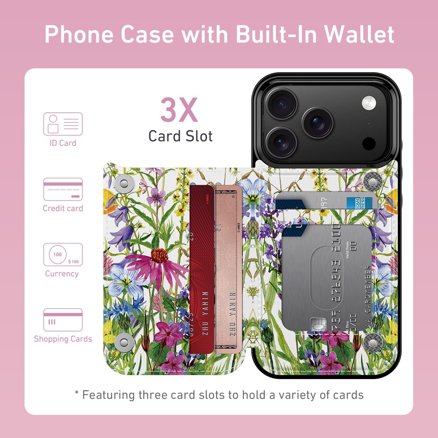 Goodon for iPhone 17 Pro Case Wallet - Flip Folio Leather Cover with Trendy Floral Design, 3 Card Slots & Kickstand Function, Stylish Protective Phone Case for Women and Girls - Blooming Wildflowers - Image 2