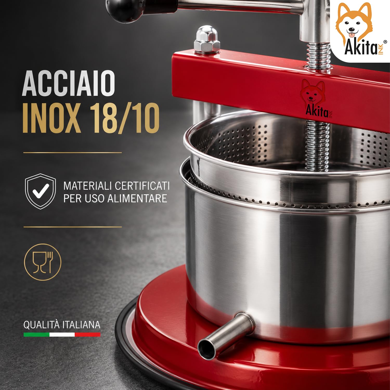 Akitaink Torchietto Manuale da Cucina 12 cm 1,75 L, Pressa con Bicchiere e Filtro in Acciaio Inox per Sottolio, Sottaceto, Carne e Frutta