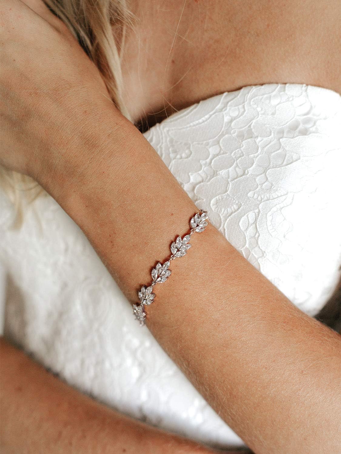 SWEETV Bracelet Wedding Bridal for Brides,Bridesmaid-Crystal Cubic Zirconia Bracelet Leaf Vine Vintage Style - Image 2