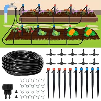 Maotong 55ft Drip Irrigation System Kit, Garden Watering System DIY Automatic Irrigation Equipment Set for Lawn Raised Bed Greenhouse Plant Watering with 1/4 Tubing, Drip Emitters, Connectors