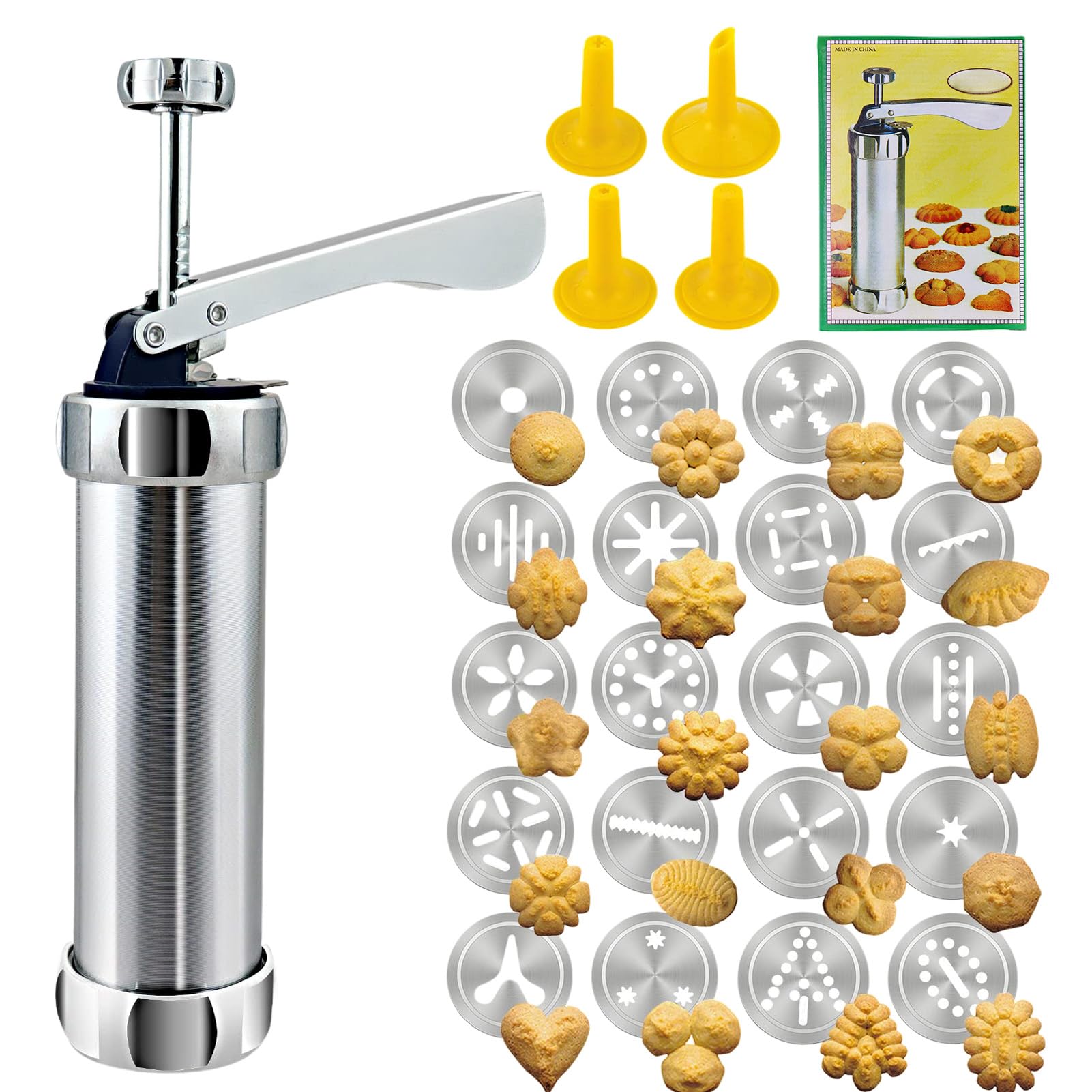 VAODO Cookie Press Set, Stainless Steel DIY Cookie Maker with 20 Cookie Pans and 4 Icing Tips, Baking Tools Set for Making Cookies, Decorating Cakes