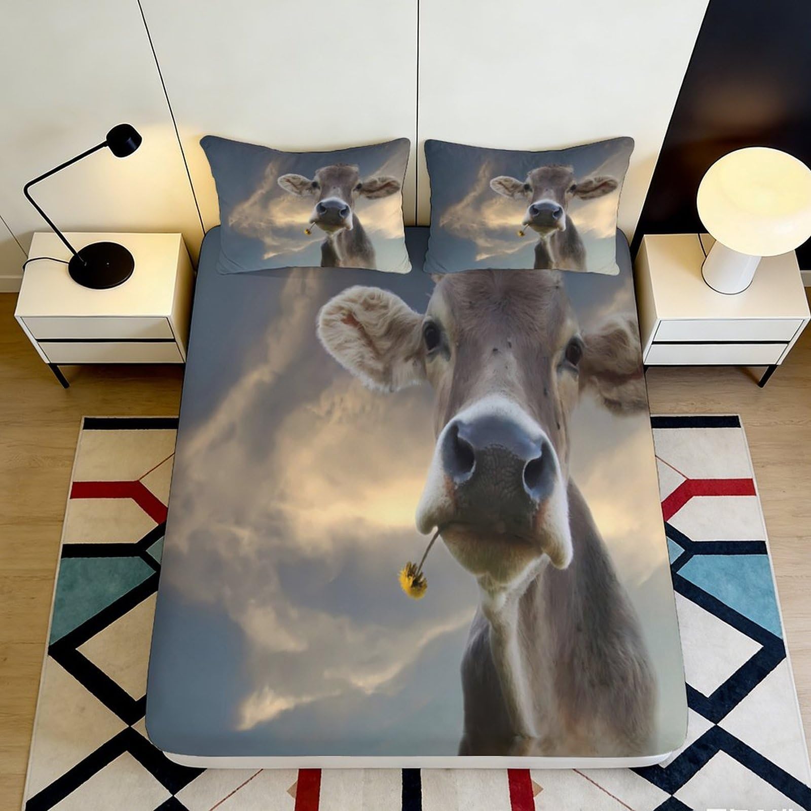 3D Printed Cow Pasture Fitted Sheet Microfiber Soft Breathable Sky Cloud Mattress Cover Bedroom Decor 120x200x25cm