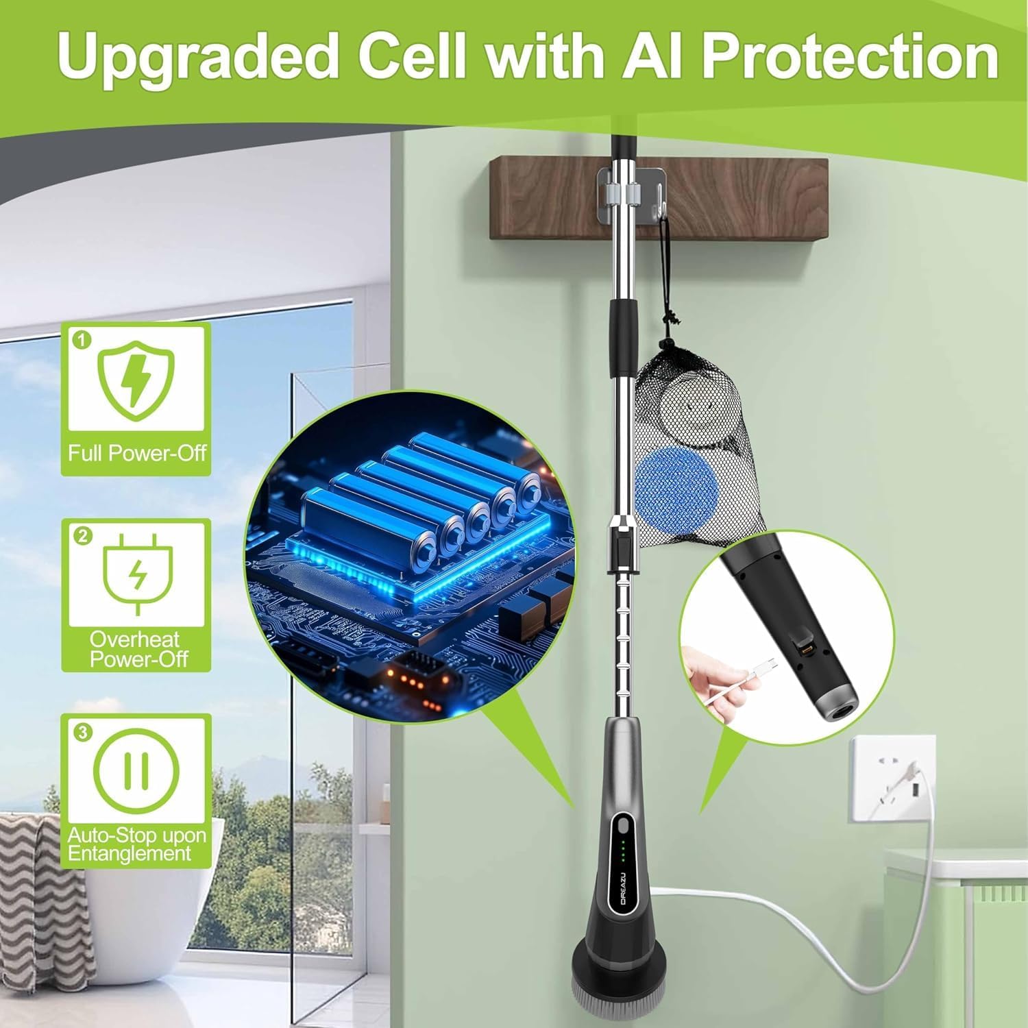 Dreazu Pro Electric Spin Scrubber, 10-in-1 Cleaning Brush with Retractable Handle, 44 lbs High Torque Variable Speed Shower Scrubber for Bathroom, Kitchen, Tile Floors, Bathtub, Toilet & Car