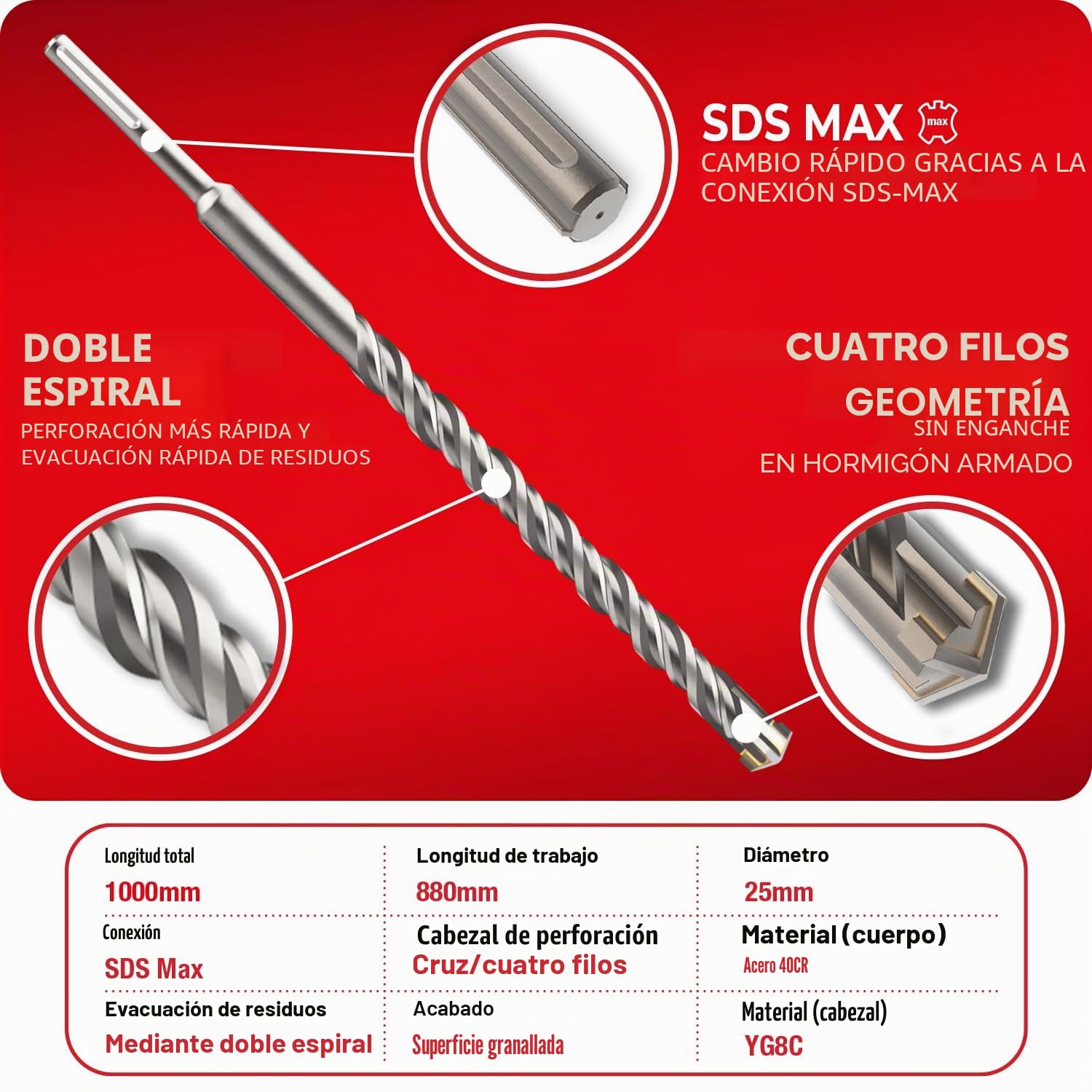SCHWABENBACH ® SDS Max Broca para hormigón, perforación precisa y rápida, punta de carburo de tungsteno, broca larga para piedra. No se engancha en las barras de refuerzo, 25 x 880 x 1000 mm