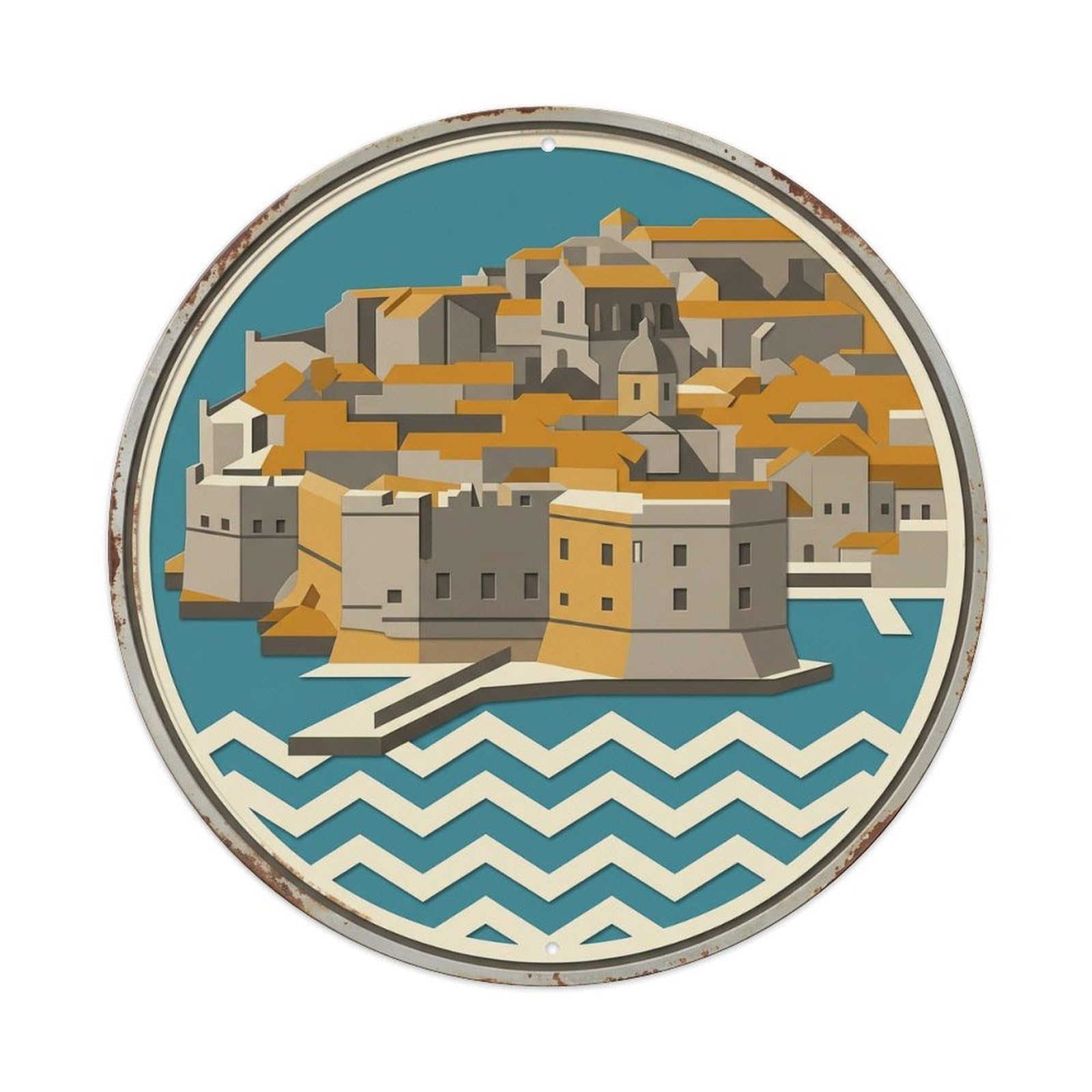 Dubrovnik Layered Walls Travel Metal Tin Sign Plaque Wall Decor for Cafe, Club, Garden Round Metal Poster 8x8Inch