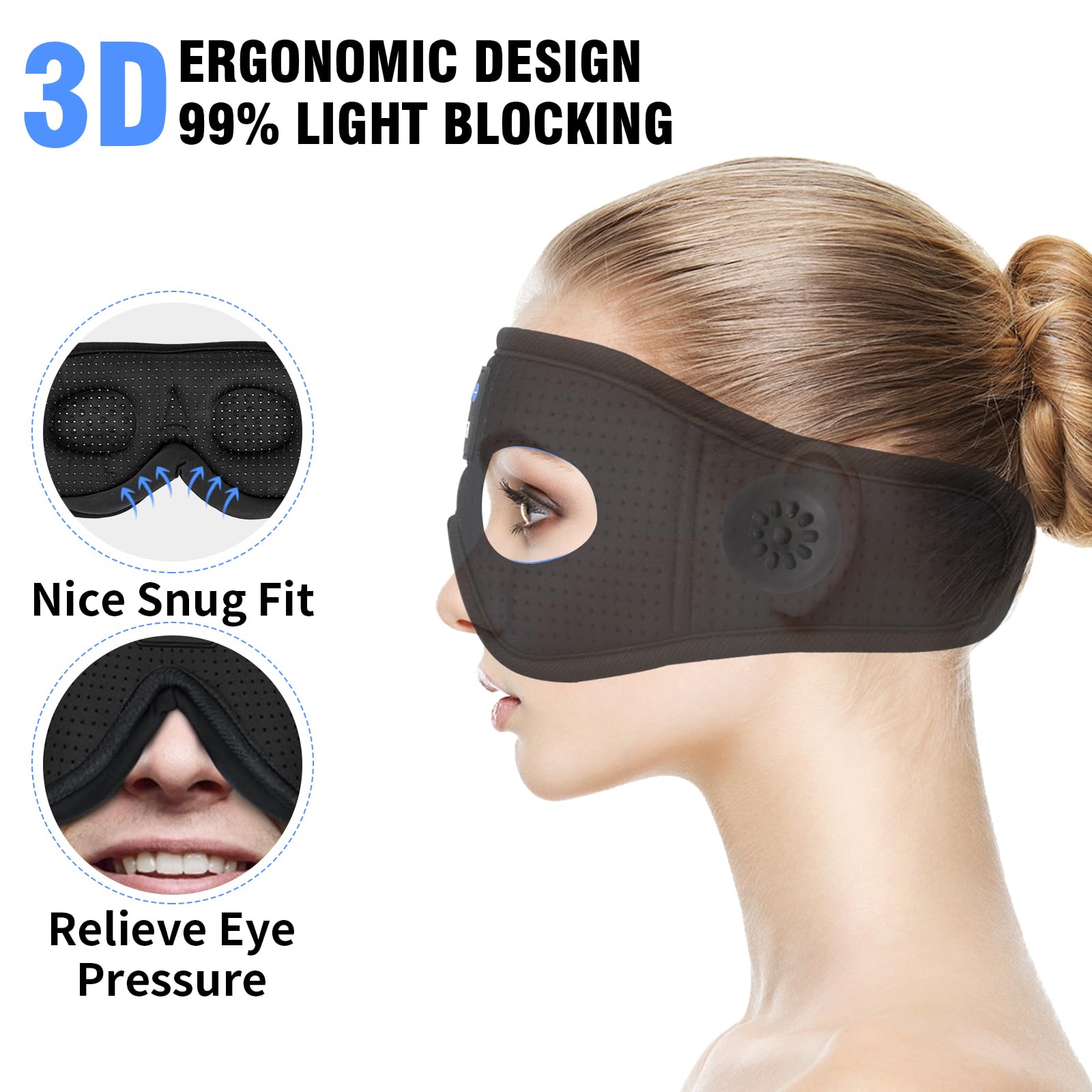 Maschera per dormire con cuffie Bluetooth 5.0, Cuffie per dormire con musica senza fili 3D mascherina occhi per dormire per chi dorme di lato/sulla schiena, sonnecchiare, meditazione