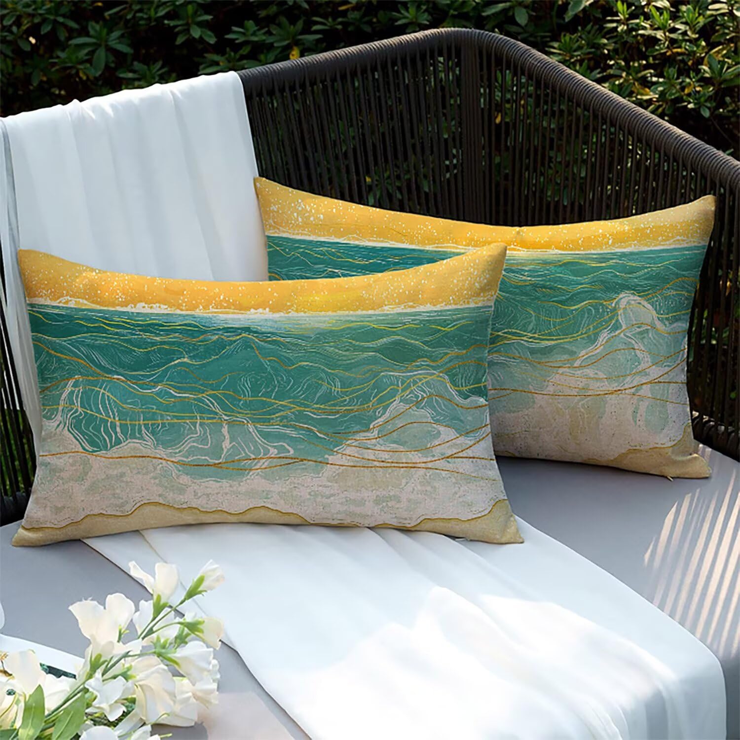 Taie d'oreiller extérieure imperméable bleu housses de coussins lin 60x40cm