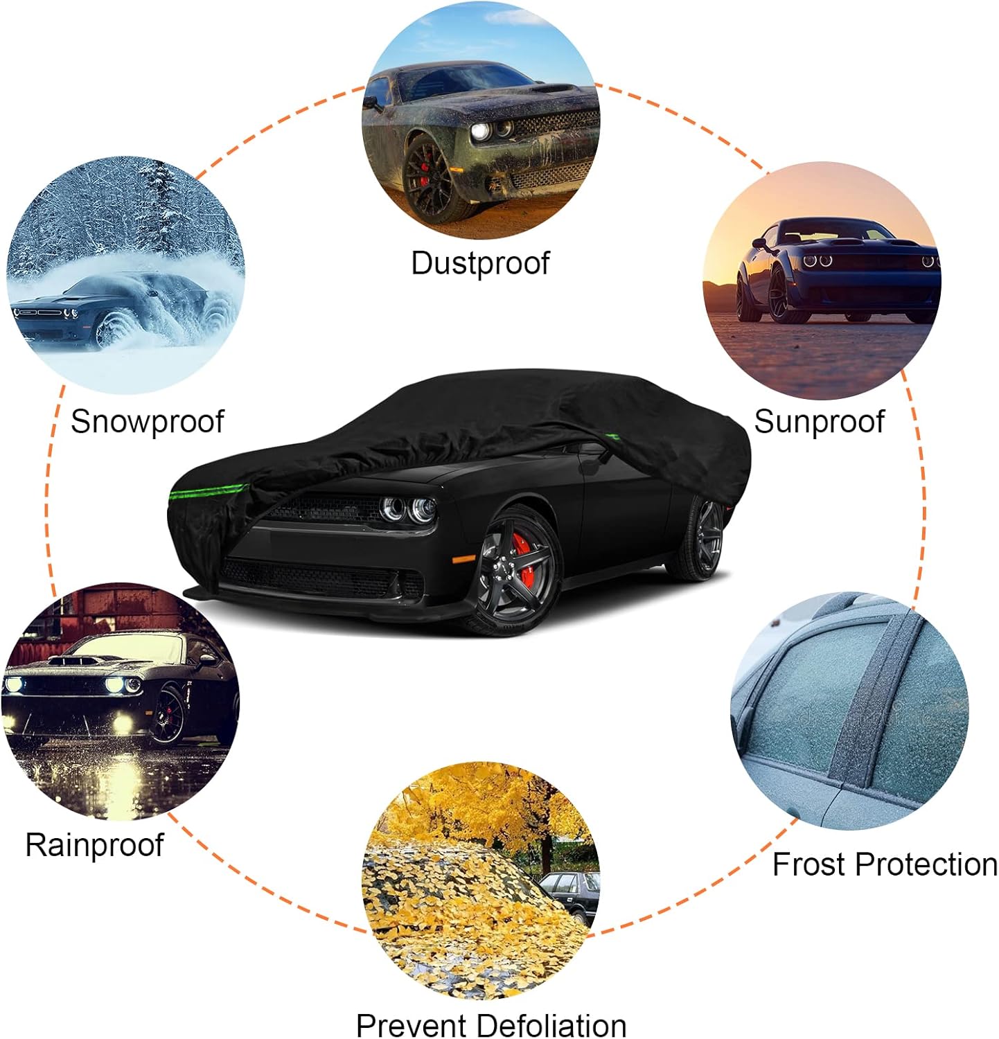 Car Covers Waterproof All Weather Replace for 2008-2025 Dodge Challenger, 6 Layers Custom-Fit Outdoor Full Car Covers with Zipper Door for Snow Rain Dust Hail Protection