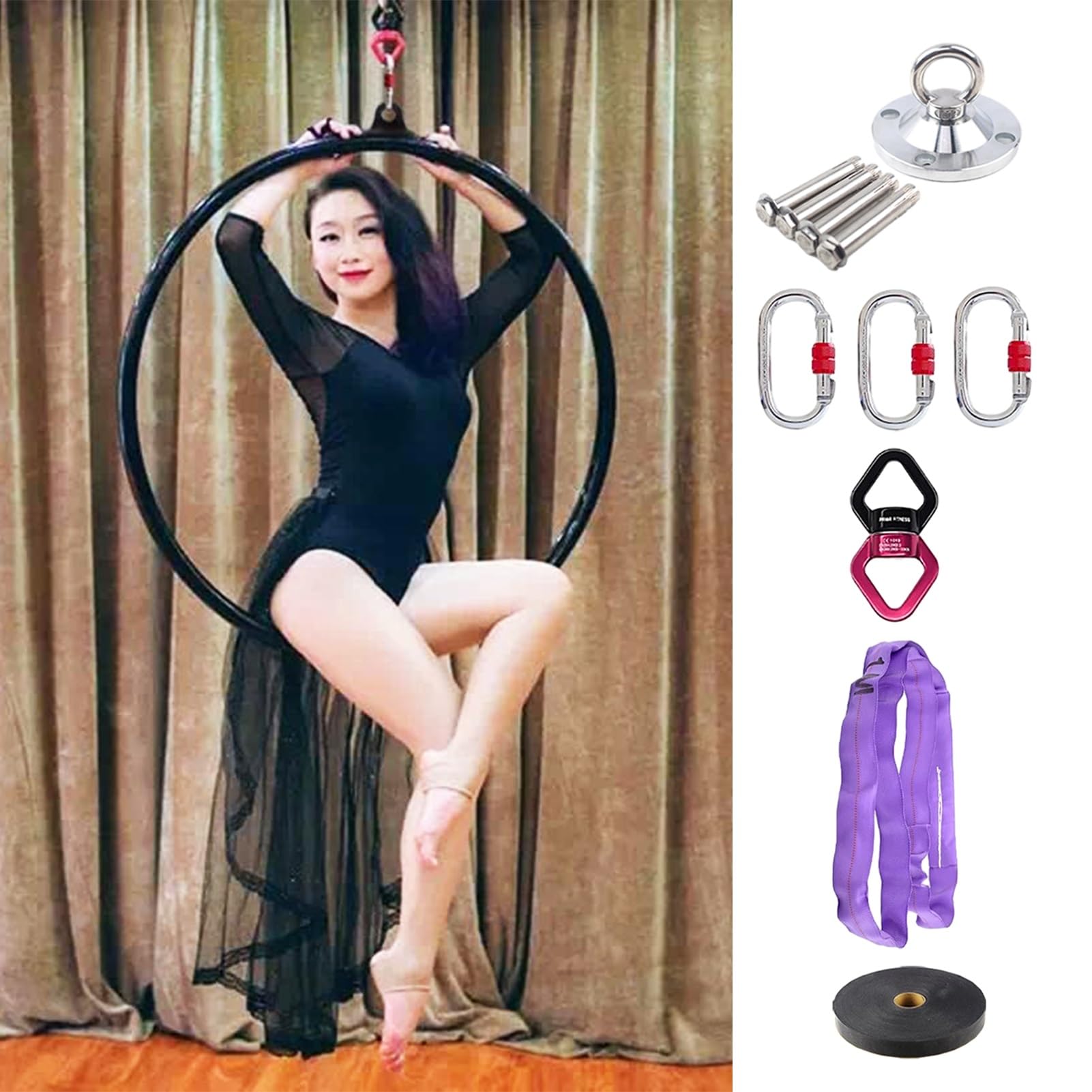 Juego de Anillas aéreas de Hierro, Disponibles en tamaños de 80 cm, 90 cm, 95 cm y 100 cm. Anillas Negras, aptas para Principiantes y Profesionales. Accesorios de Danza, Incluye complementos