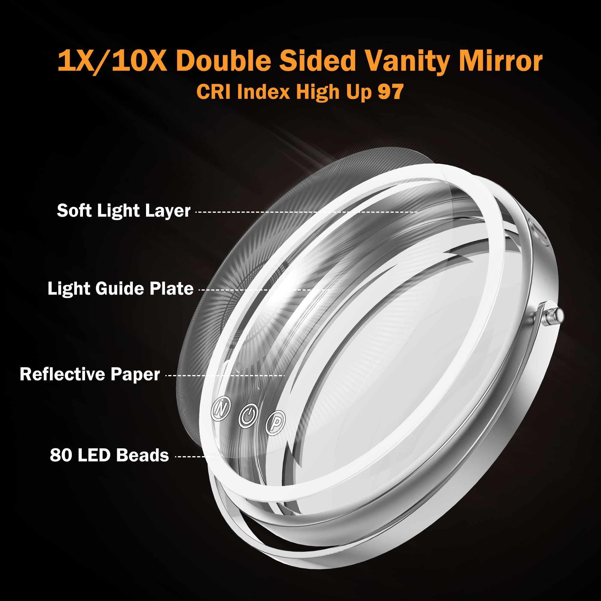 Espejo de maquillaje grande iluminado de 9 pulgadas, altura ajustable y 3 luces regulables de color, espejo de aumento 1X/10X con luz, 80 luces LED, rotación de 360°, espejo de tocador de
