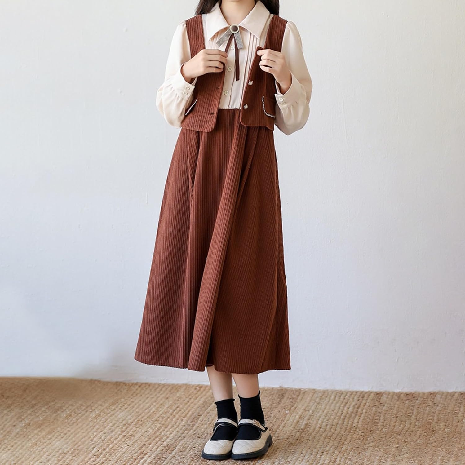 Girls Corduroy Overall Dress Teen 2 Piece Long Sleeve Button Down Dresses Set Spring Fall Casual Vintage Clothes Outfit