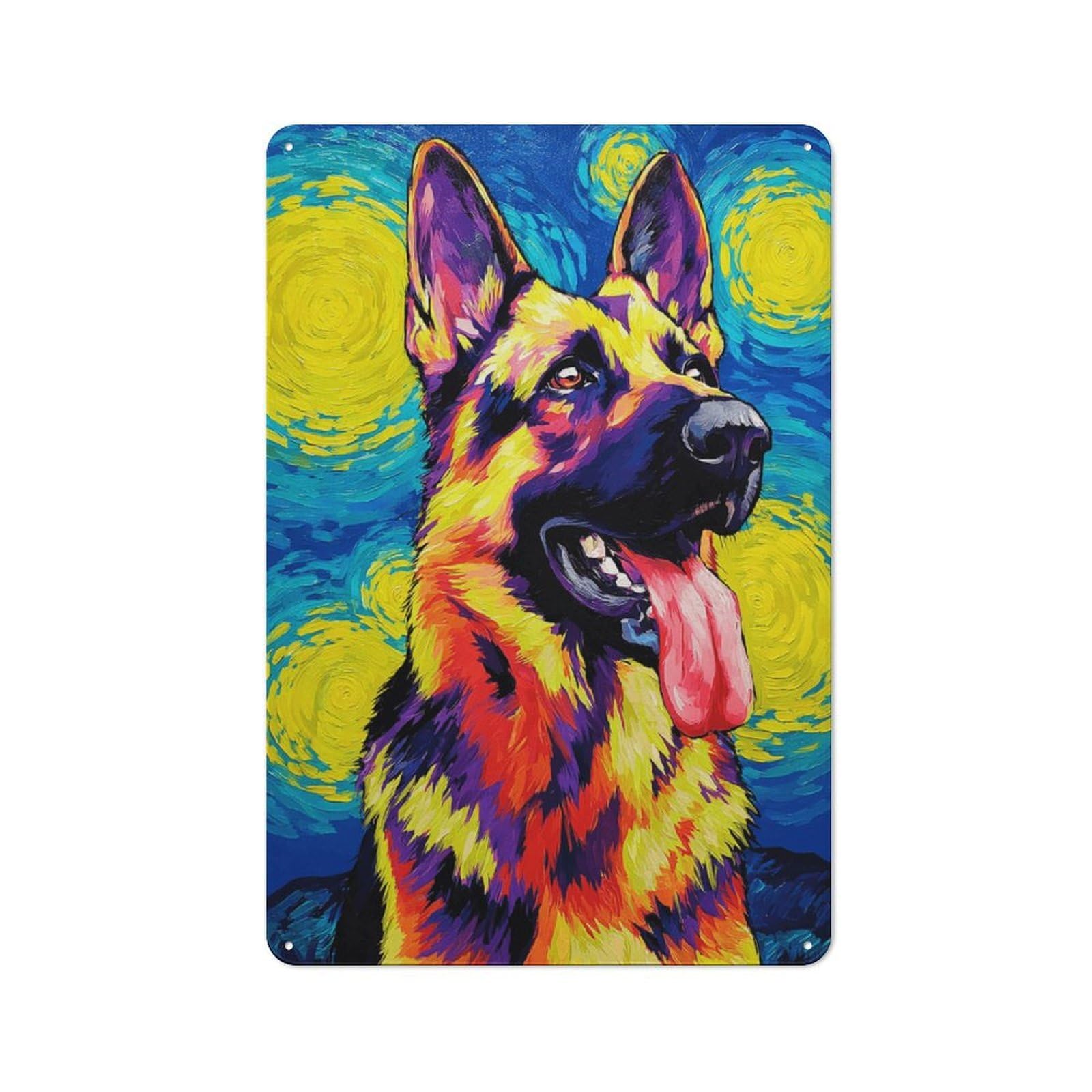 Junmoney Starry Night German Shepherd Vintage Metal Wall Sign 30X20cm For Café Or Restaurant, For Metal Sign Collectors, For Garage And Workshop Walls
