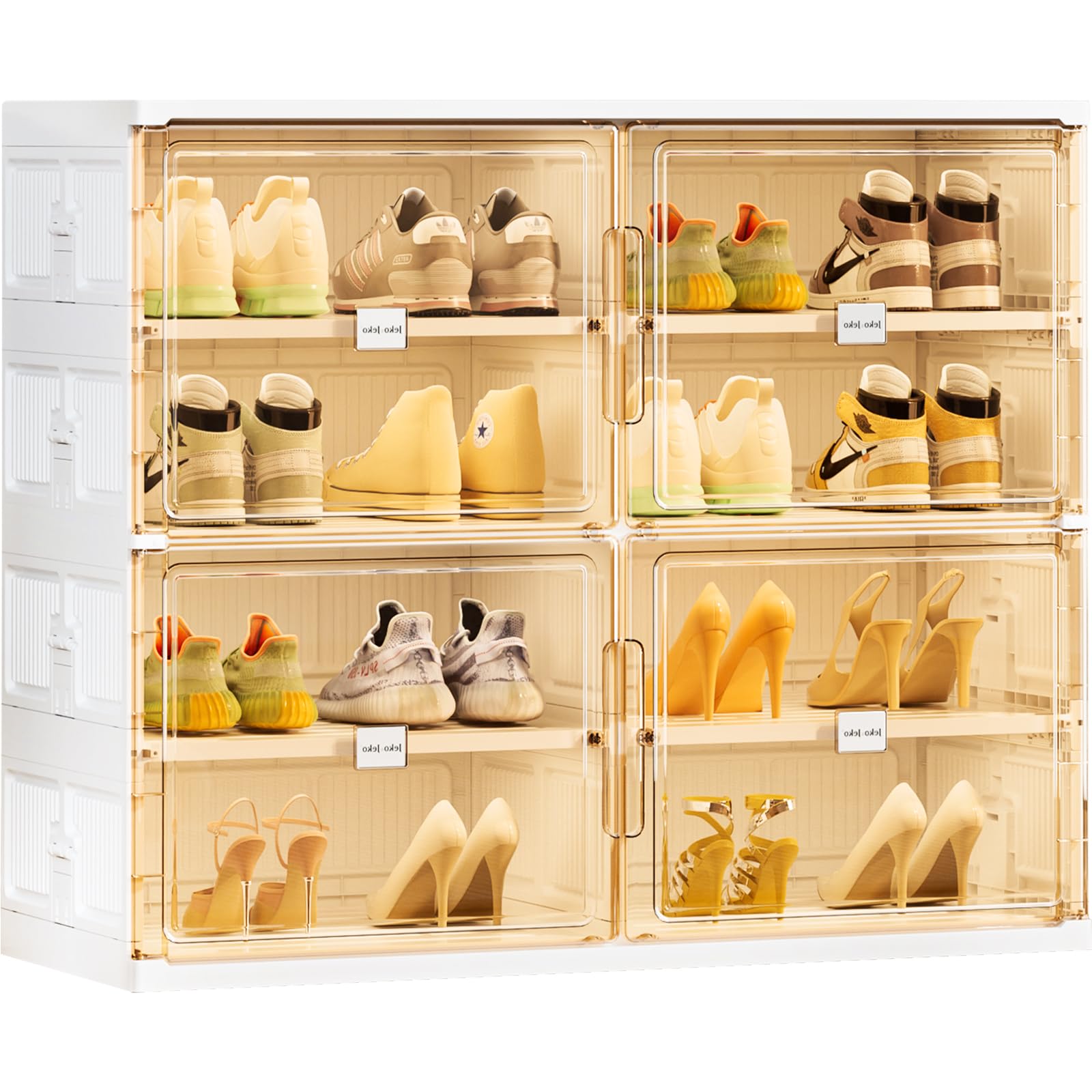 JEKO&JEKO 3-Tier Foldable Shoe Storage Box with Magnetic Doors, Large Stackable Shoe Organizer Cabinet for Entryway, Clear Front Door Shoe Boxes Hold Up to 8 Pairs (White) (only 3-tier) 