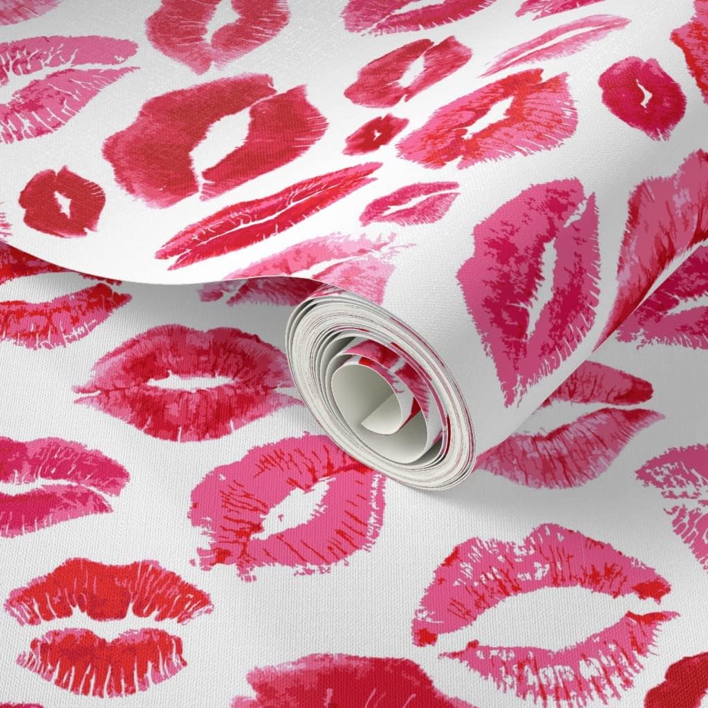 Spoonflower Peel & Stick Wallpaper 3ft x 2ft - Love Lips Red Valentine Beauty Lipstick Kisses Watercolor Valentines Day Girly Makeup Custom Removable Wallpaper
