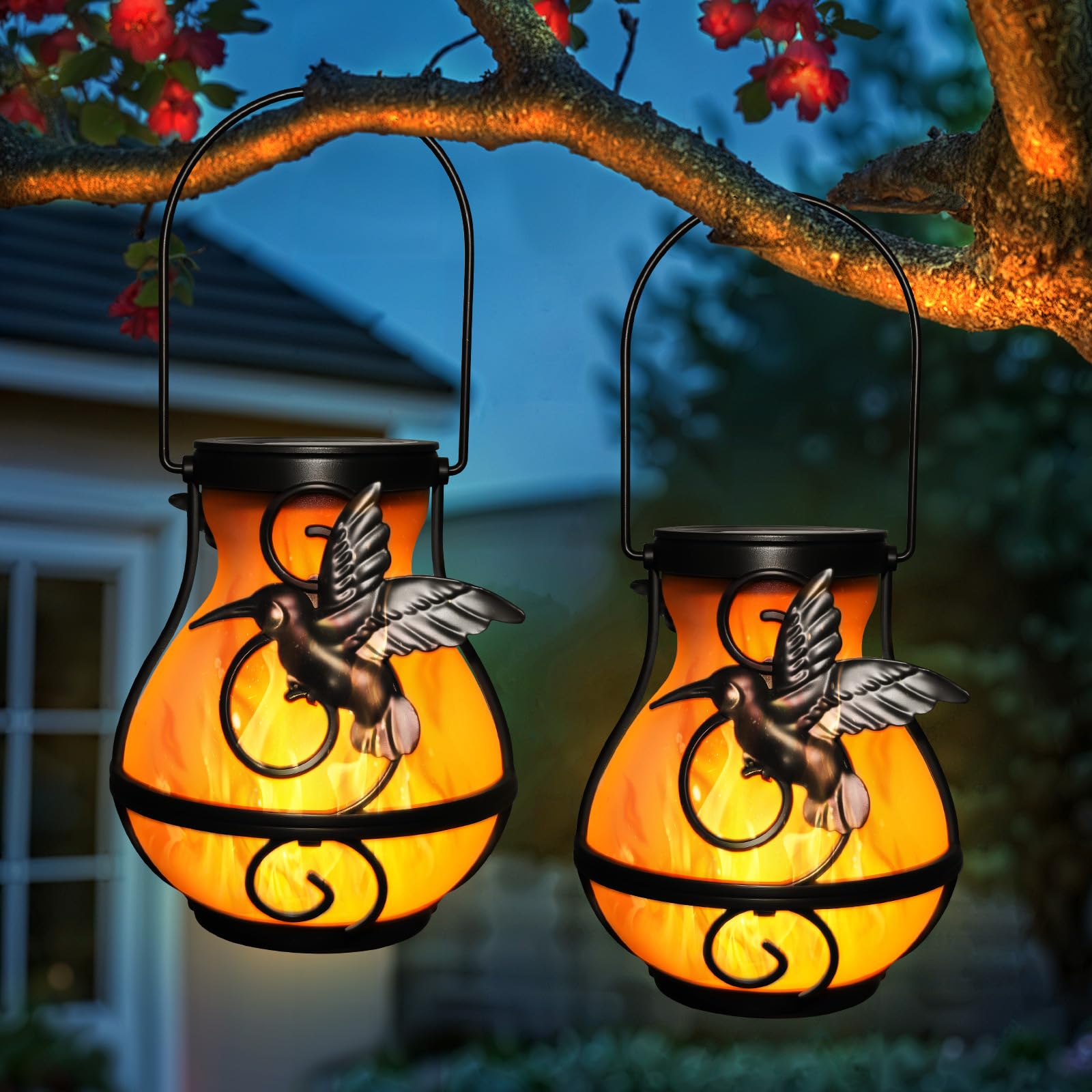 X-PREK Lot de 2 lanternes solaires d'extérieur étanches à suspendre en forme de colibri - Lampes solaires à énergie solaire pour jardin, terrasse, porche (plastique)