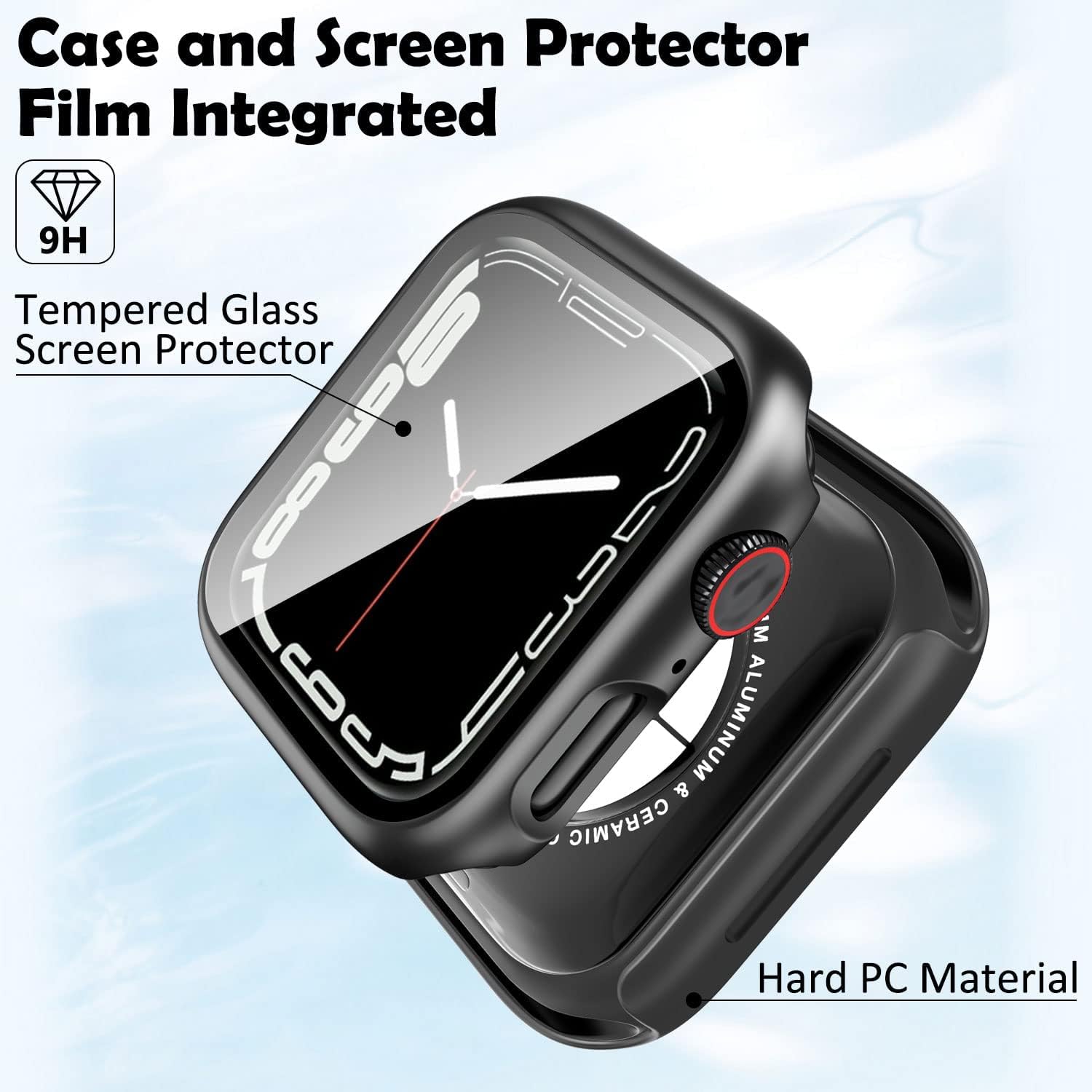 QHOHQ 2 Pack Hard PC Case Compatible with Apple Watch Series 8 45mm & Series 7 45mm with Tempered Glass Screen Protector, Full Coverage, Touch Sensitive, Ultra-Thin HD Bumper Protective Cover - Black