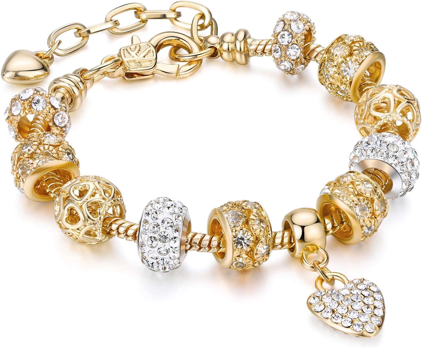 Leprato Gold Plated Heart Charm Bracelet Glass Crystal Beaded Bracelet Stunning Jewelry Gifts for Women