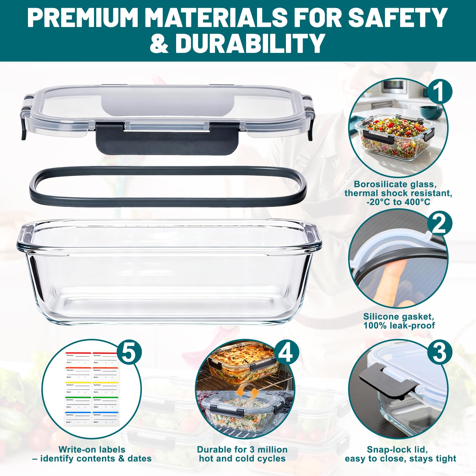 Contenitori per alimenti in vetro borosilicato con coperchi, confezione da 5 contenitori per la preparazione dei pasti da 1040 ml, adatti per forno e congelatore, ermetici, a prova di perdite