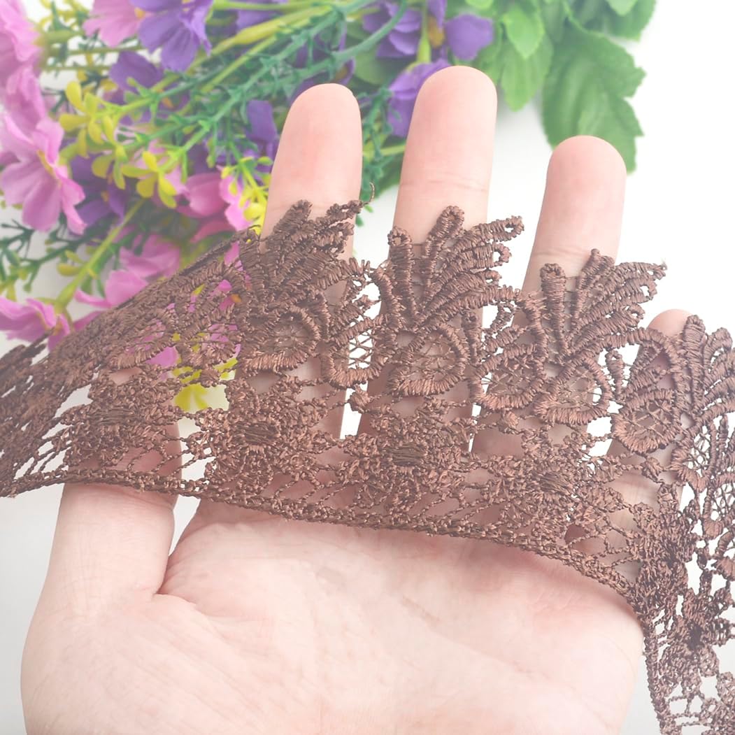 7.5 Yards Floral Lace Edge Trim 9CM Width Europe Chips Pattern Inelastic Embroidery Lace Trim for Sewing Making, DIY Crafts, Gift Wrapping, Wedding Decor (Dark Coffee)