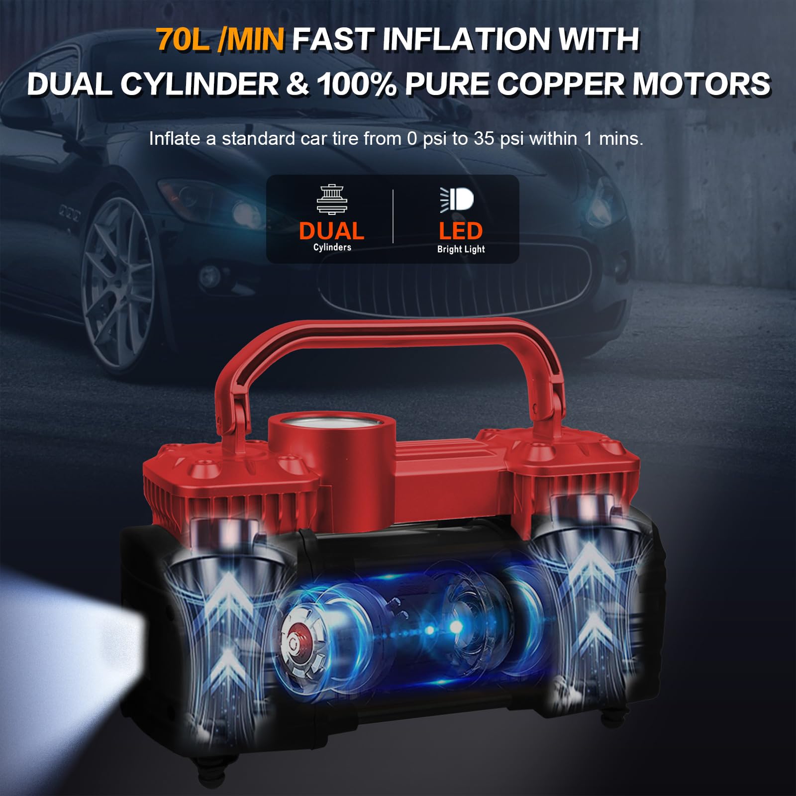 GSPSCN Compressore d'aria a doppio cilindro DC 12 V per auto, gonfiaggio pneumatici portatile resistente, pompa per pneumatici 150 psi con luce LED per auto, camion, SUV, camper, palloni, ecc (rosso)