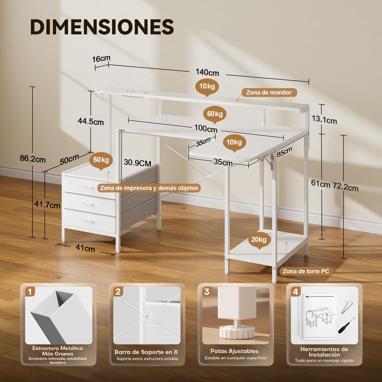 SOLAVERO Escritorio Esquinero con Bandeja Plegable, 140 x 50 cm Escritorio Gaming en L con Enchufes & USB-C, Mesa Ordenador con Cajones de Tela, Mesa Oficina con Soporte para Monitor, Blanco