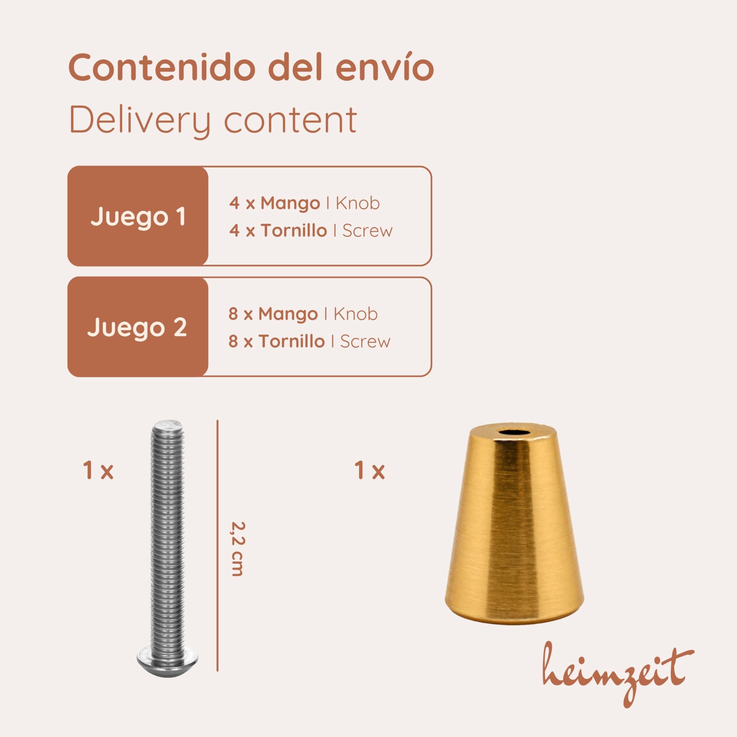 Tiradores Armarios Cone 8 Piezas de Aluminio Oro | Pomos Armario Redondo para Armarios, Cómodas, Puertas y Cajones, Diseño Elegante, con Manija de un agujero y tornillos