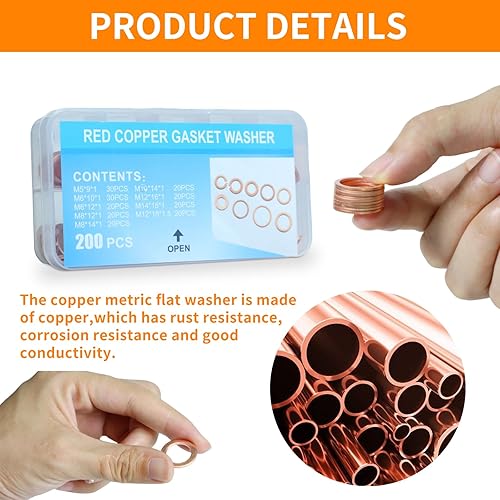 Miniatura 5 de Surtido de 200 arandelas métricas de cobre, 9 tamaños (M5 a M14), juntas de sellado planas para tapones de drenaje de aceite, aplicaciones