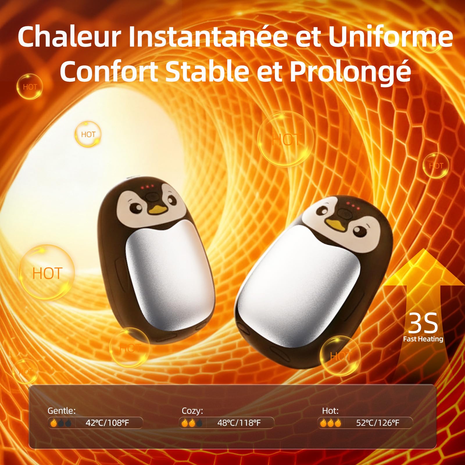 Chauffe Main Electrique 2 en 1, Blanc Chaufferette Main Reutilisable 8000mAh Rechargeable par USB, 3 Niveaux de Chauffe, Cadeaux Hiver Unisexes, pour Camping et Sports en Extérieur