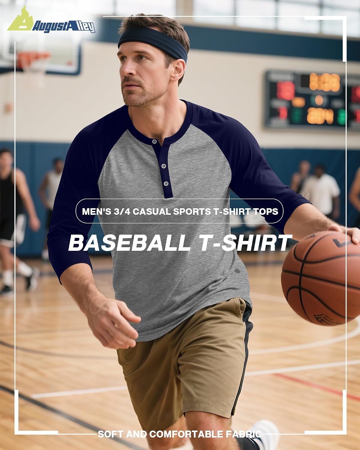 August Alley 3 Pack Men's 3/4 Sleeve Baseball Raglan T-Shirts S-3XL, Henley Tops Sport Athletic Jersey Tee Buttons Shirts