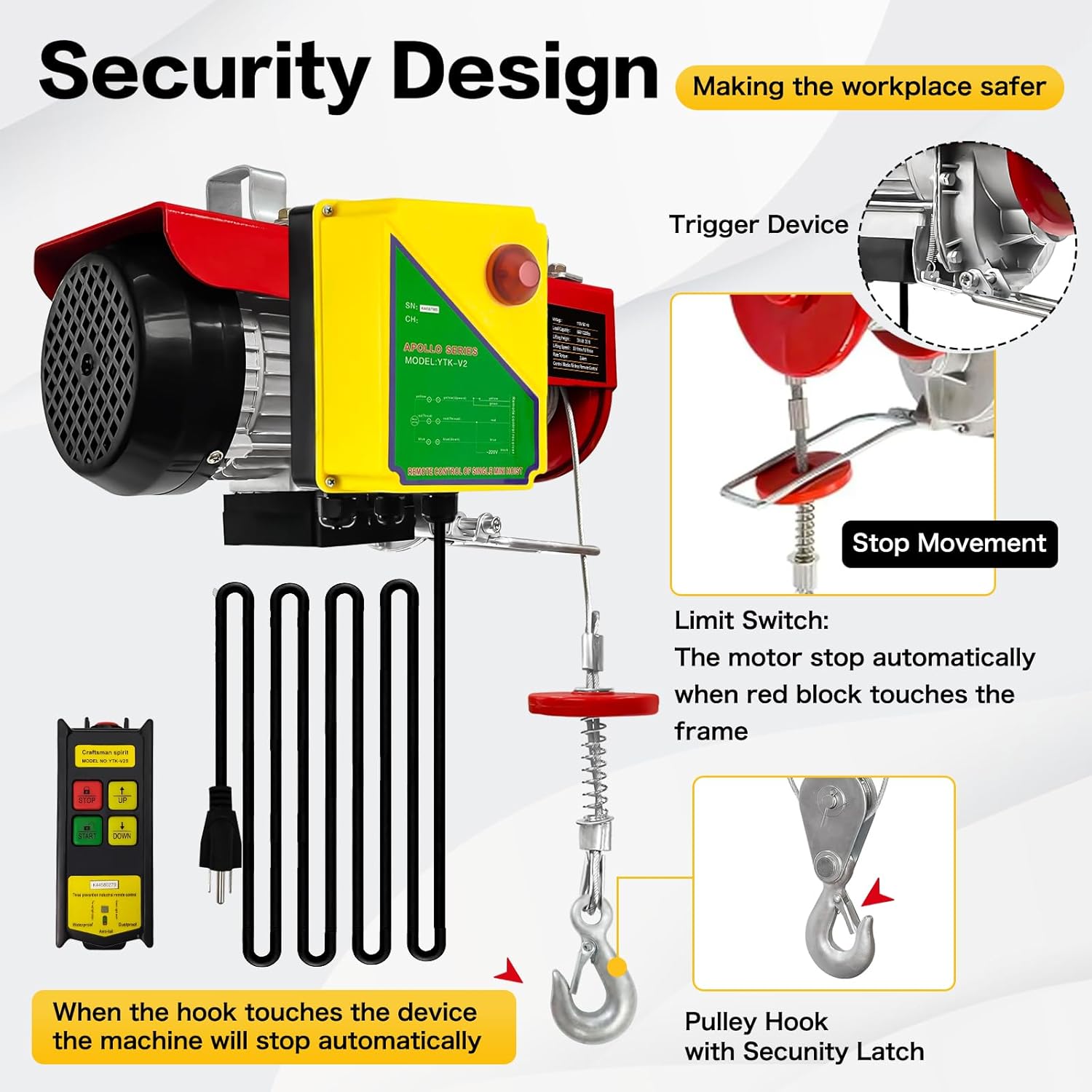Electric Hoist,440lbs 120V Winch with 262ft Wireless Remote Control,Electric Winch Single/Double Slings with Emergency Stop,110V Lift Hoist for Factories,Warehouses,Construction Site