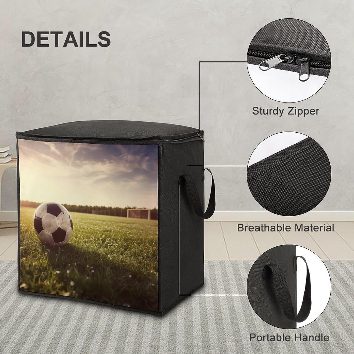 Quilt Storage Bag,Soccer Ball on A Field Printed Large Foldable Storage Container Portable Travel Storage Bag for Blankets, Quilts, Clothes, Comforter, Bedding And Pillows