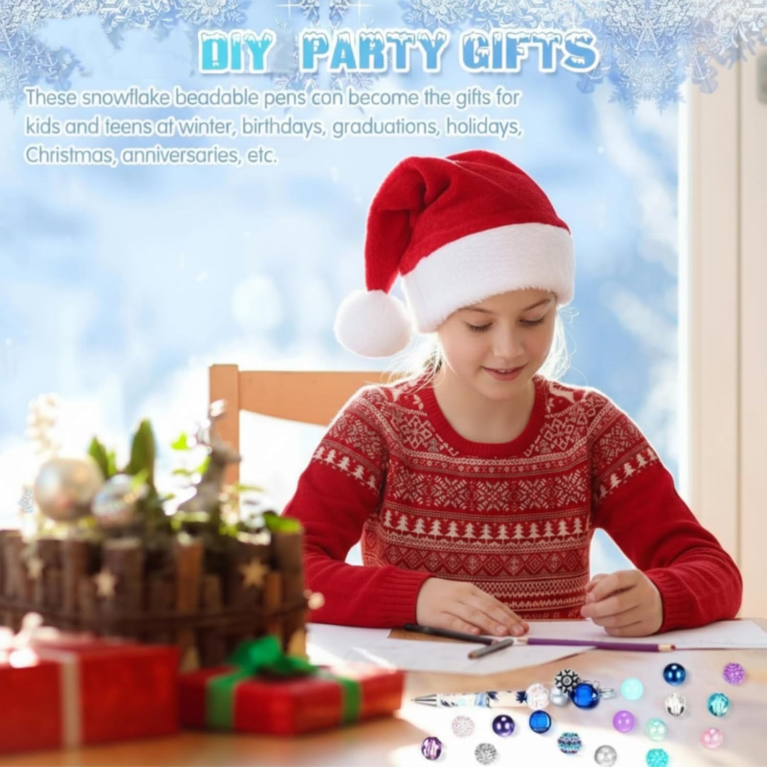 12 Pcs Plastic Beadable Pens with 70 Pcs Colorful Crystal Beads 12 Tassels 12 Pendants Assorted Bead Pens Bulk DIY Beaded Ballpoint for Office Women Gifts(Snowflake) - Image 5