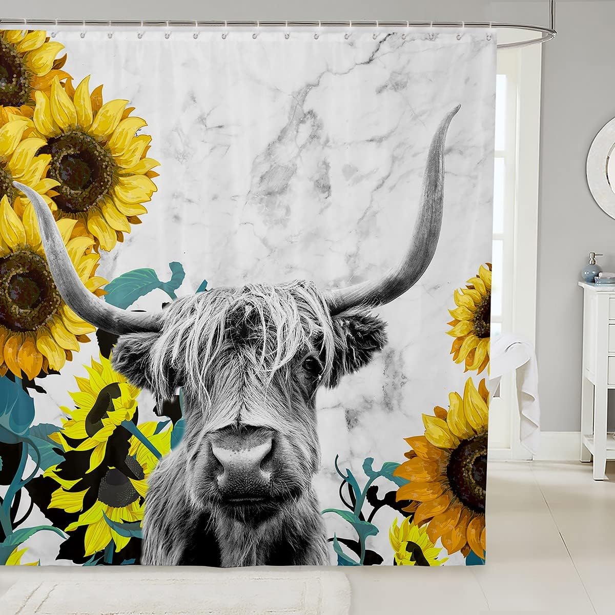 Highland Cattle Shower Curtain Girls Sunflower Highland Cow Marble Print Bathroom Shower Curtain Set Farm Animal Bath Curtain for Bathroom Sunflower Floral Bathroom Accessories Decorative 72