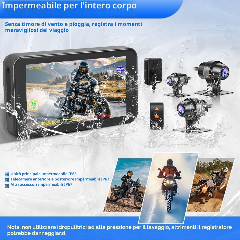 VSYSTO Dashcam per moto, schermo da 4,5'', telecamere 3CH 1080P WiFi, modalità selfie, con GPS, controller cablato, monitoraggio parcheggio, modalità assistenza alla guida, display della temperatura