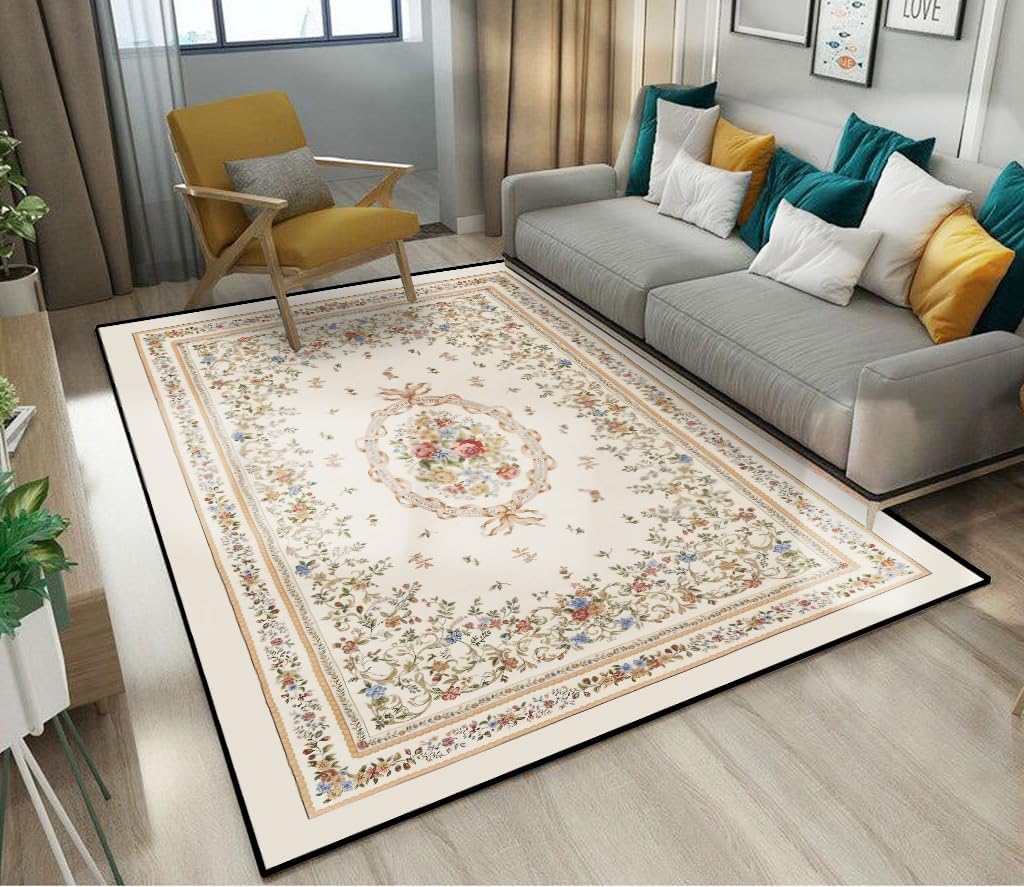 Vintage Floral 5x7 Area Rug - Washable Non-Slip Indoor Throw Rug for Living Room Bedroom - Beige Retro Design