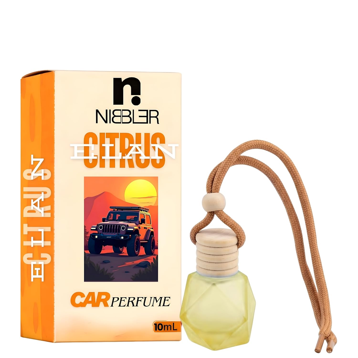 Nibbler® Premium Car Perfume 10ml Citrus Elan | Long Lasting Strong Fragrance | Hanging Wooden Bottle Air Freshener | Compact & Stylish Car Interior Freshener (Light Amber)